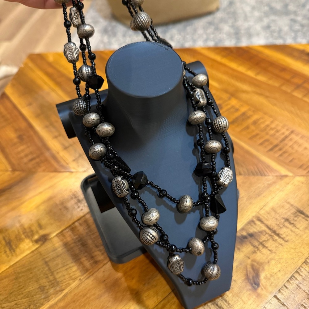 Goth Boho Long Black Bead Antiqued Silver Double Strand Statement Necklace